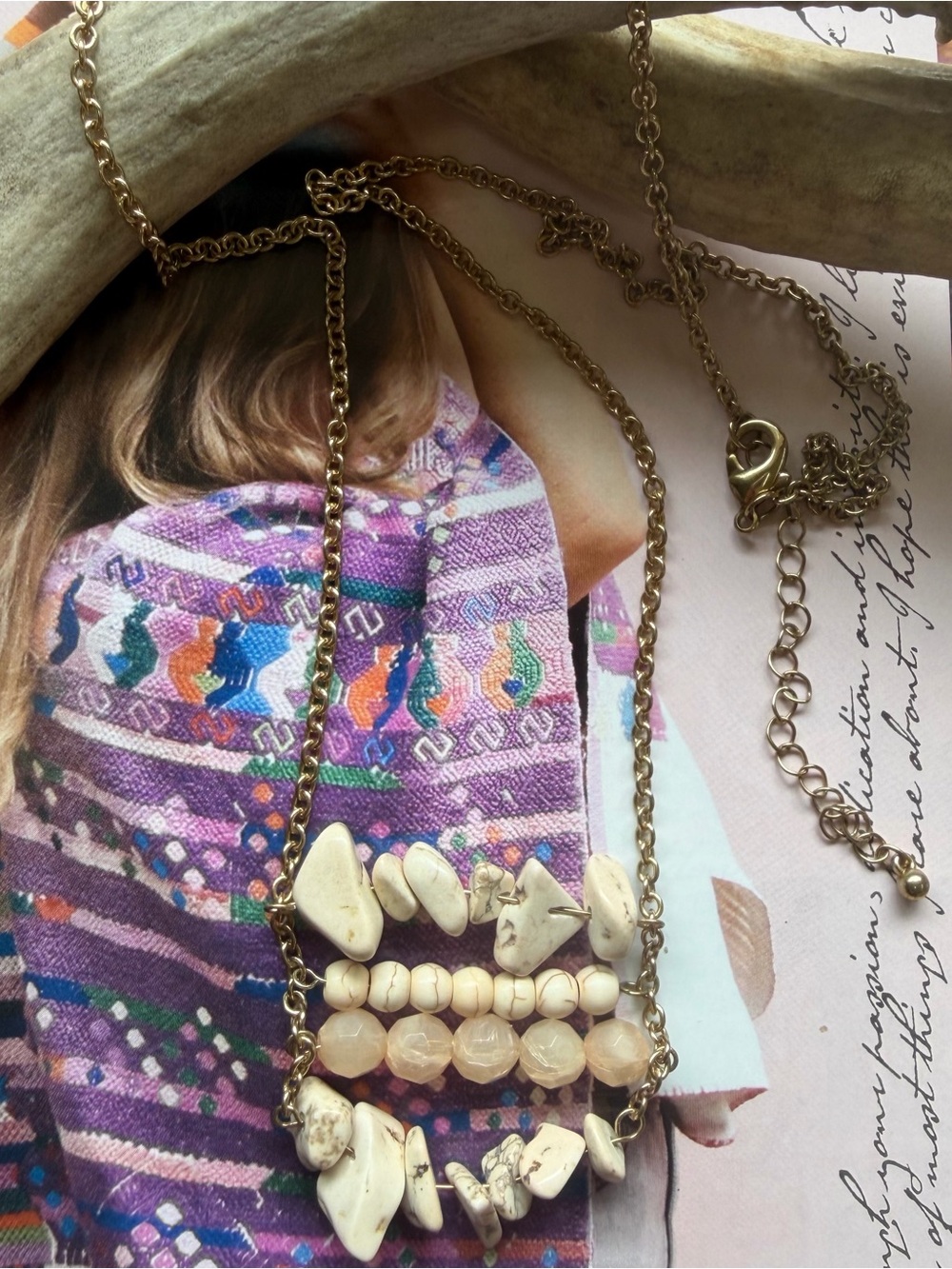 Boho Howlite Stone Bar Necklace Gold Chain Blush Beaded Pendant